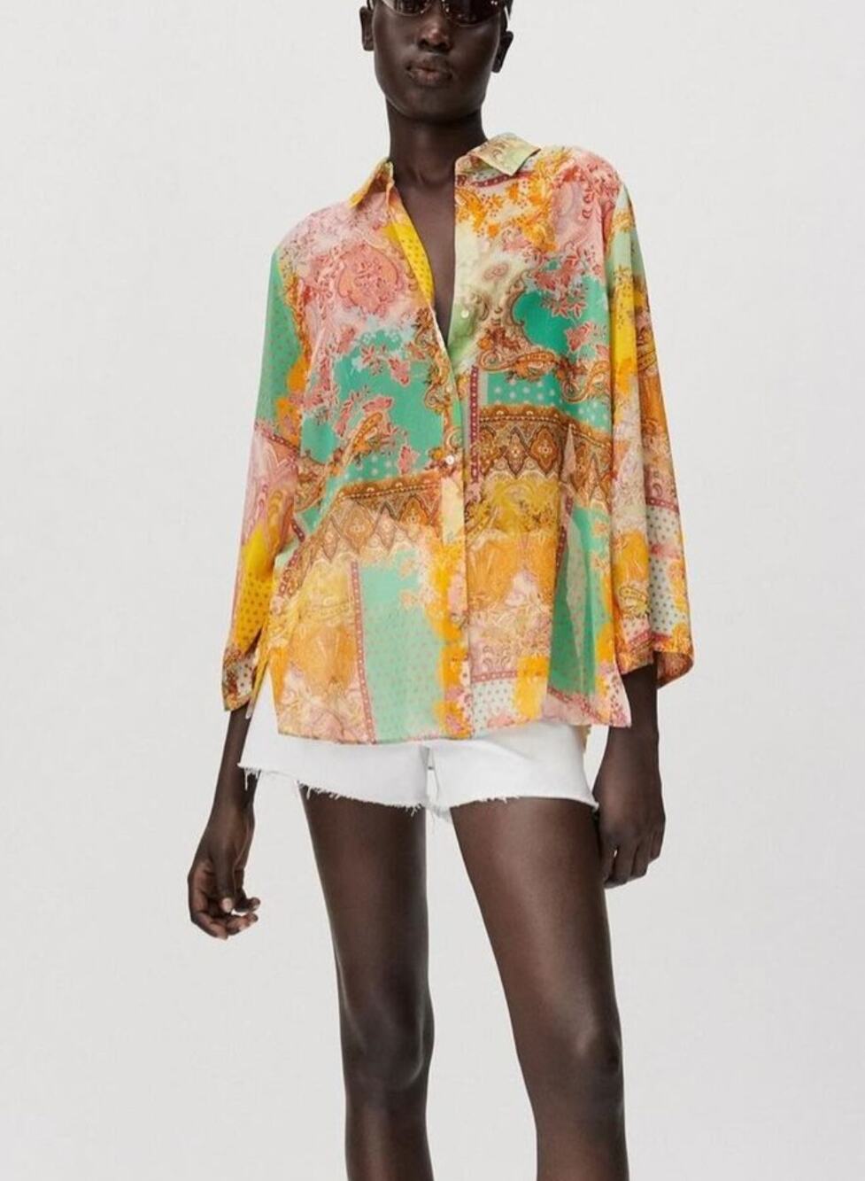ZARA Multicolor Top Paisley Floral Collared Long Sleeve Button-Up Size Medium M